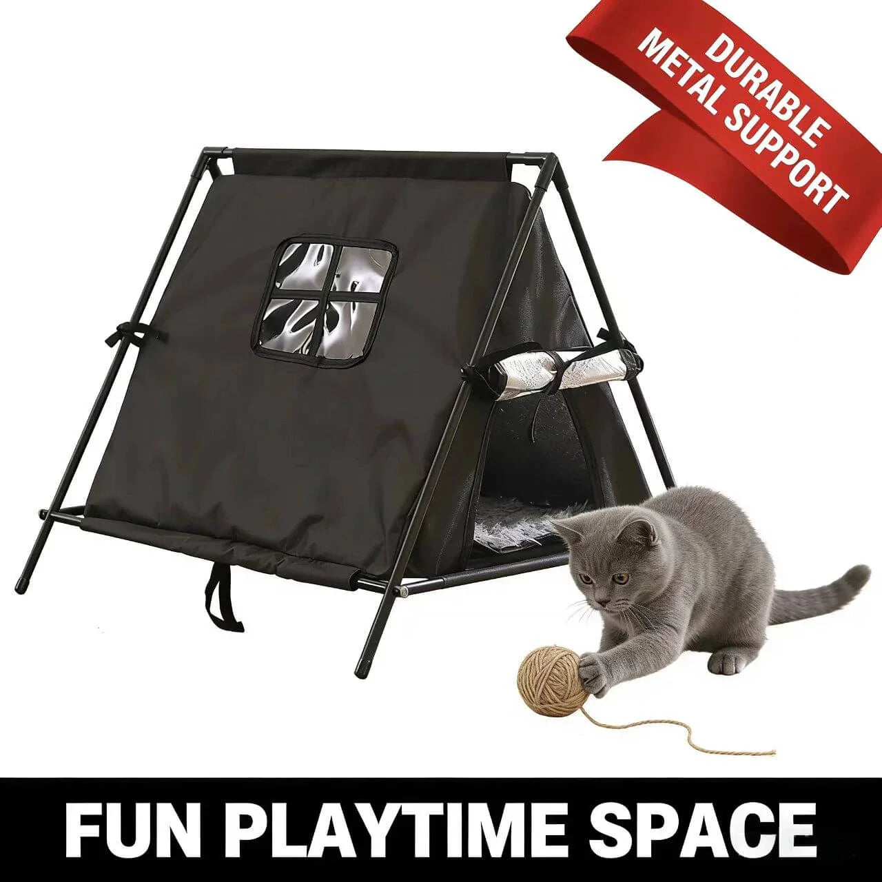 Foldable Cat Rest Tent - Oxford Cloth, Black Metal Frame, Portable Pet Shelter