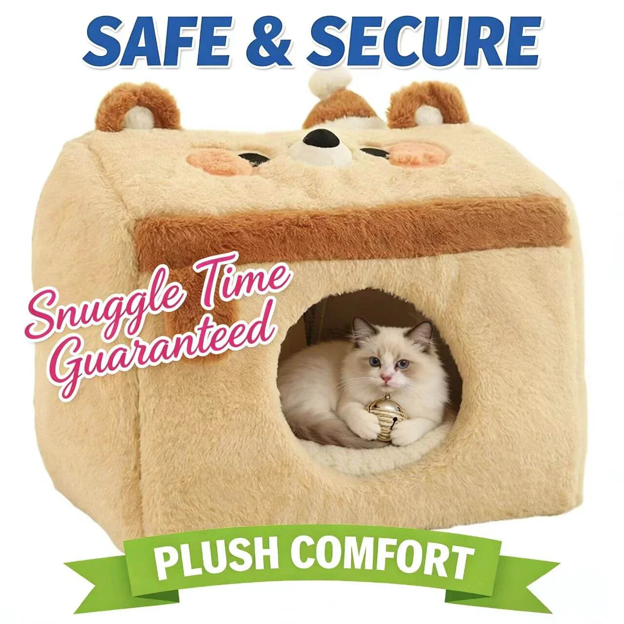 Warm Enclosed Pet House for Cats - Bear Shape, Soft Plush, Beige Rest Cottage