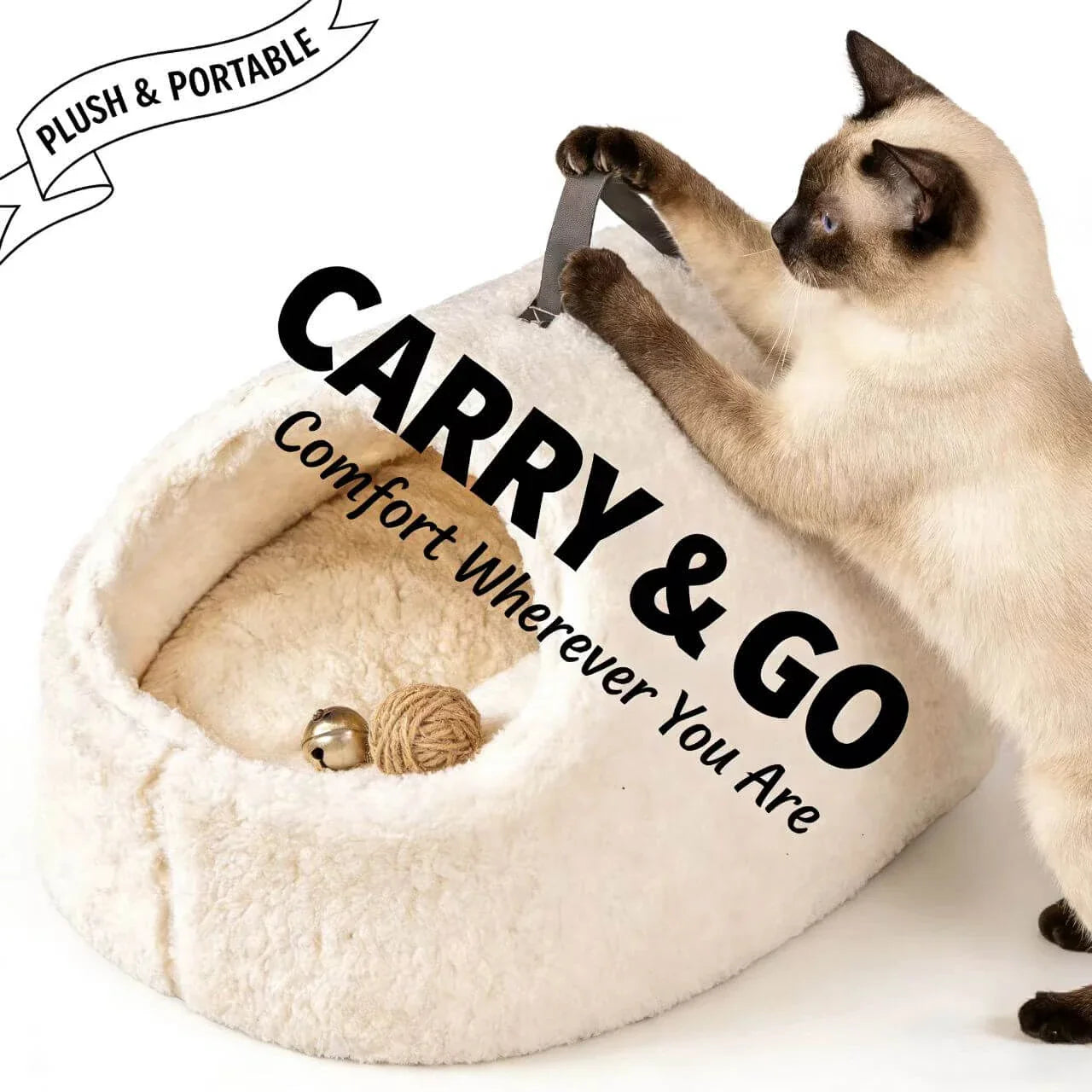 Warm Enclosed Cat Bed - Sherpa Fabric, Beige Cave-Style, Portable Handle Rest Nest