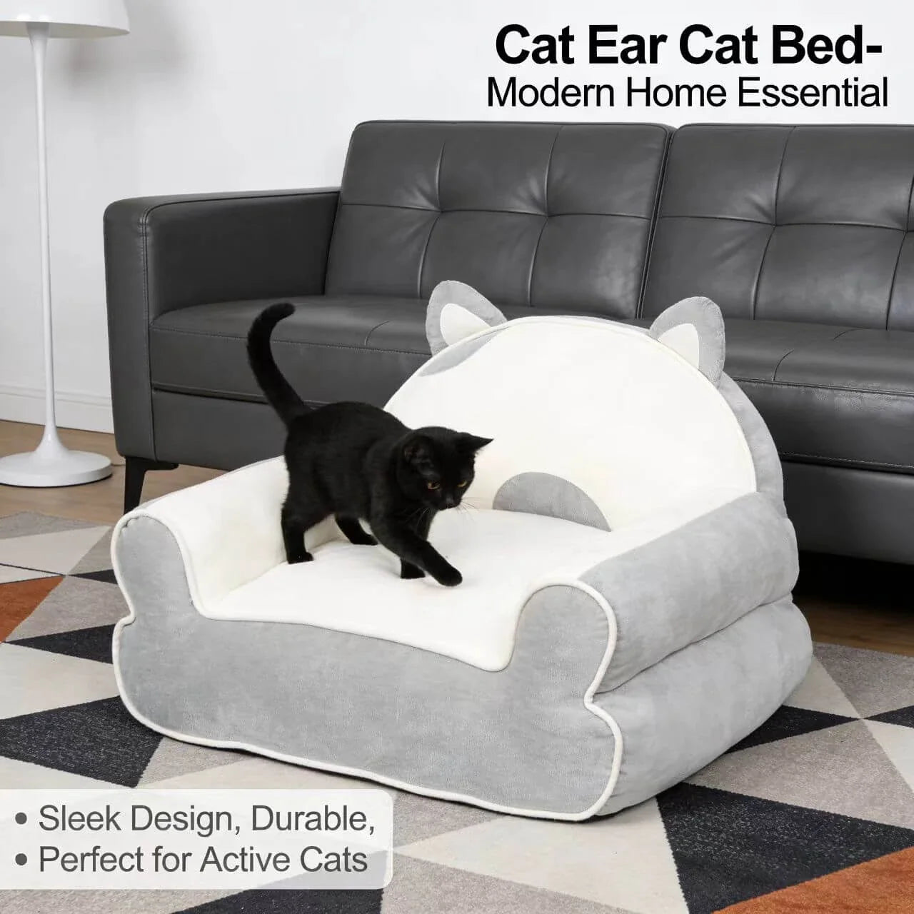 Soft Cushioned Pet Chair for Cats - Cat Ear Design, Plush, Grey/Beige Rest Sofa
