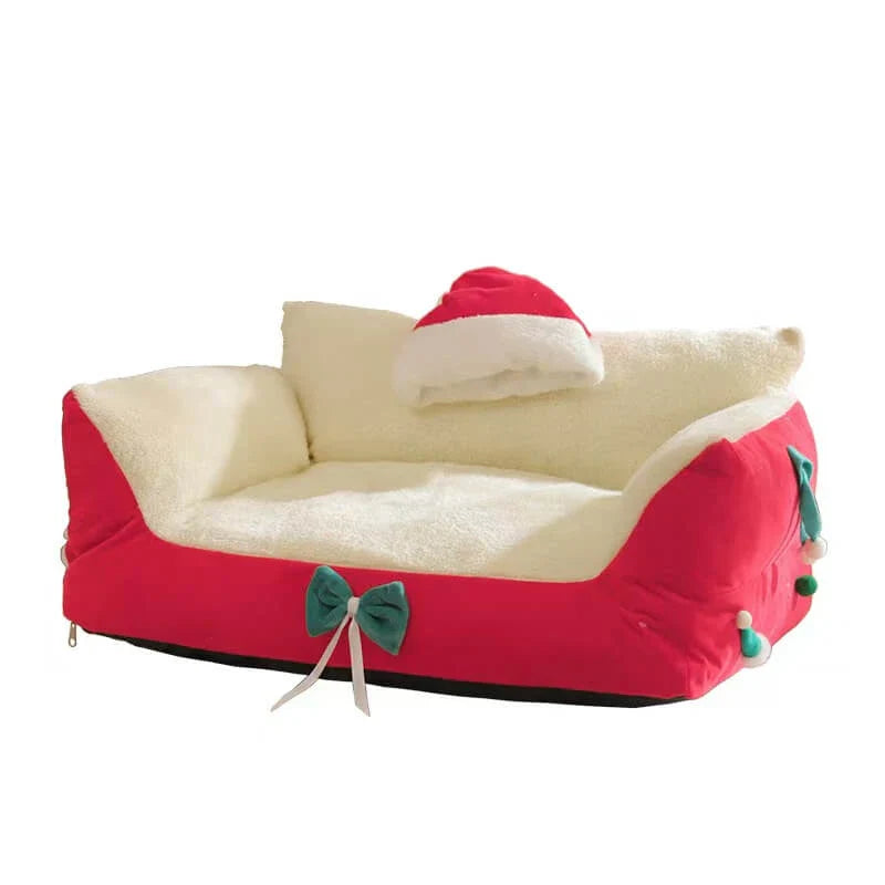 Cozy Holiday Pet Sofa for Cats - Xmas Design, Plush, Red/White Rest Bed