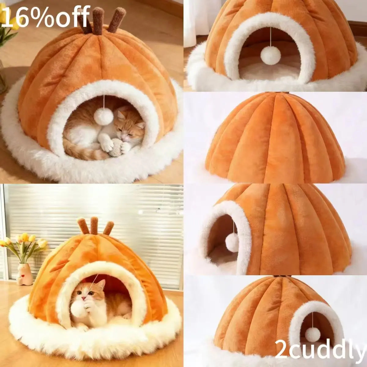 Cat Cave Bed, Pumpkin-Style, Orange Plush, Fall Aesthetic, Cozy Cat Sleeping Bed