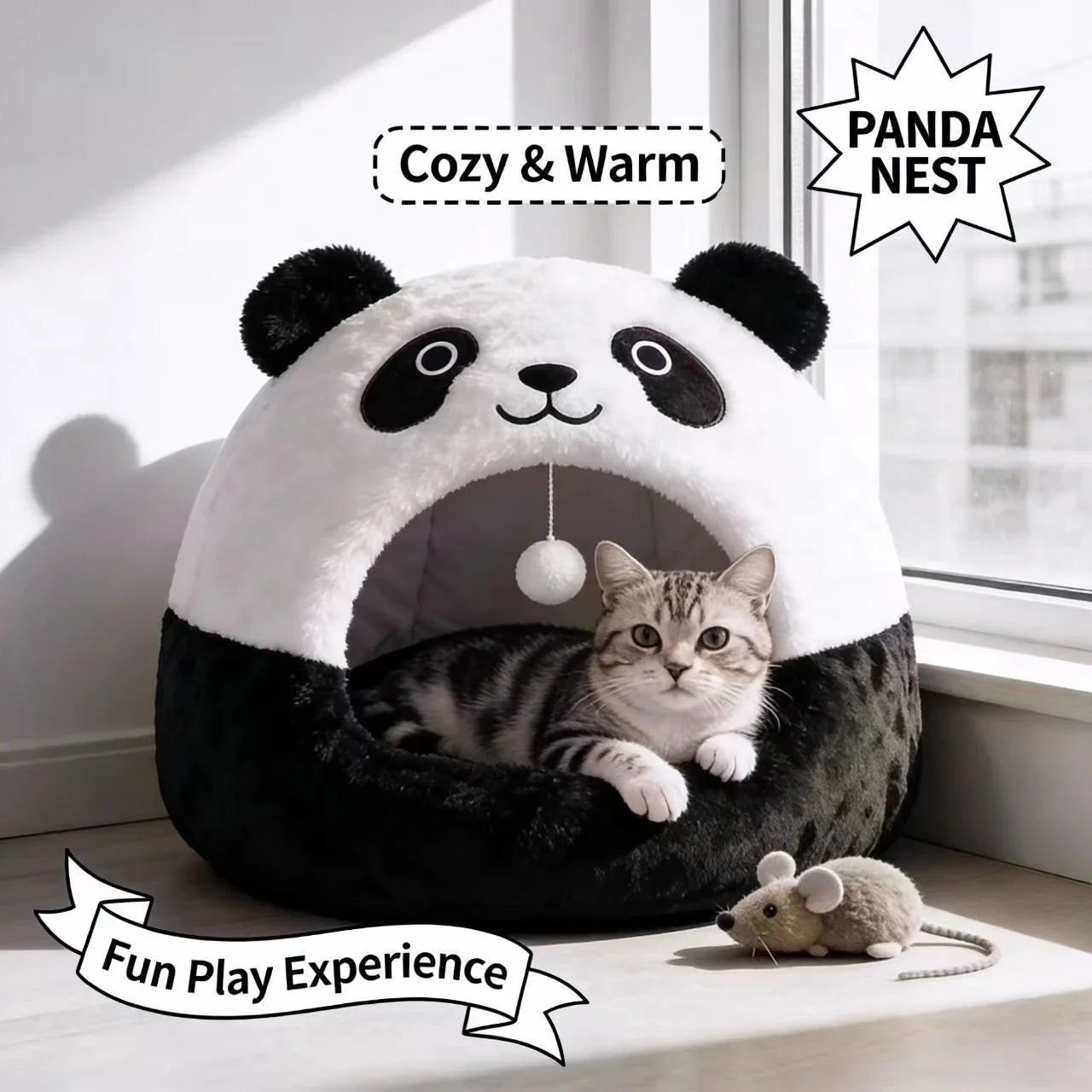 Warm Enclosed Cat Bed - Panda Design, Plush Fabric, Hanging Toy for Cozy Rest