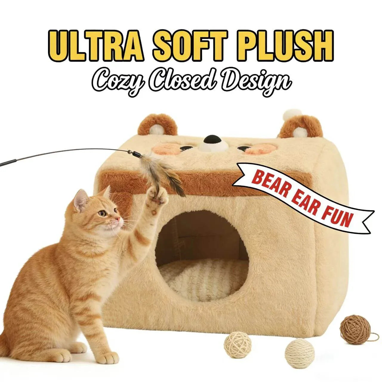 Warm Enclosed Pet House for Cats - Bear Shape, Soft Plush, Beige Rest Cottage