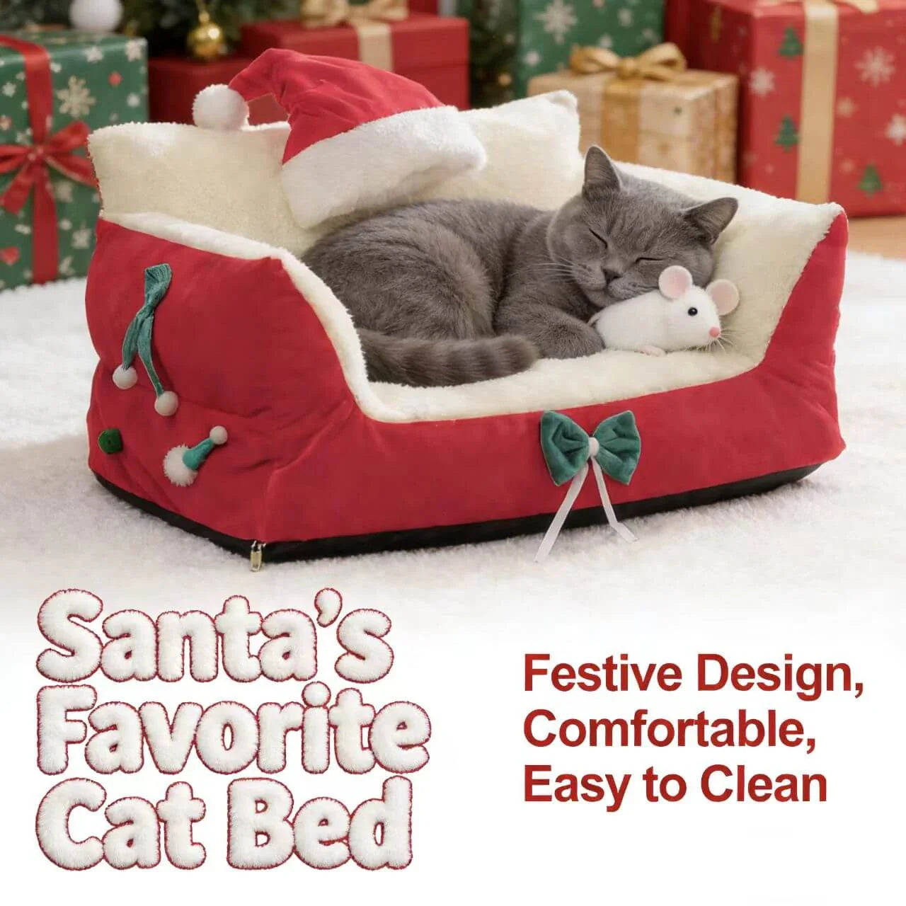 Cozy Holiday Pet Sofa for Cats - Xmas Design, Plush, Red/White Rest Bed