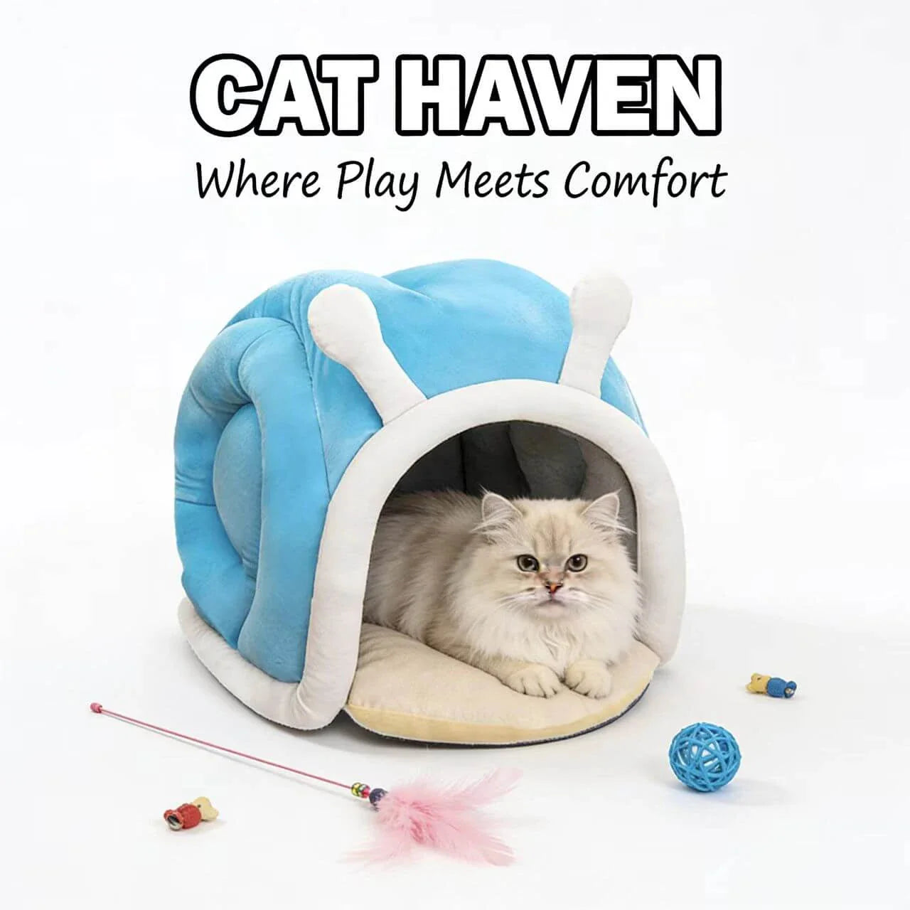 Warm Enclosed Cat Bed - Snail Design, Soft Plush, Blue Cave-Style Rest Nest