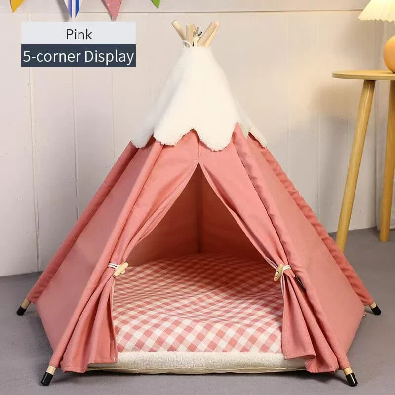 Soft Cat Teepee Tent - Canvas Material, Green, Gingham Cushion for Cozy Rest