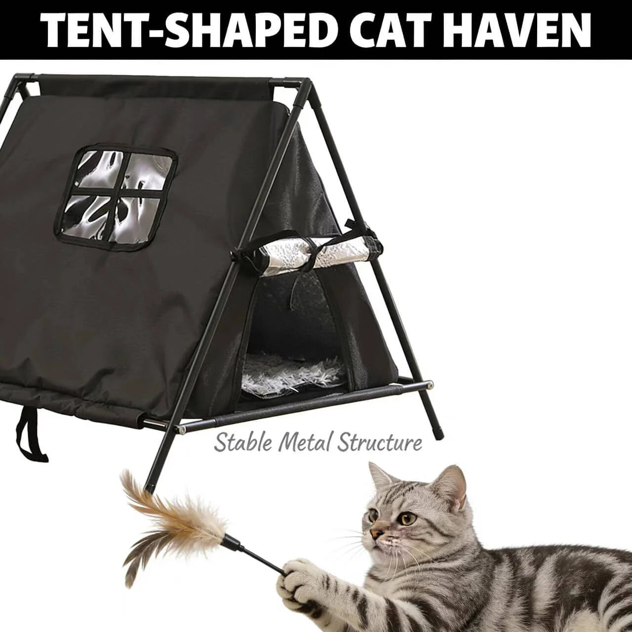 Foldable Cat Rest Tent - Oxford Cloth, Black Metal Frame, Portable Pet Shelter