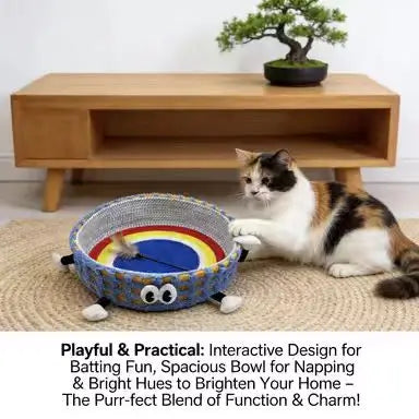 Cartoon Durable Cat Bed: Cotton Rope-Woven, Scratch-Resistant Rainbow Design for Cats
