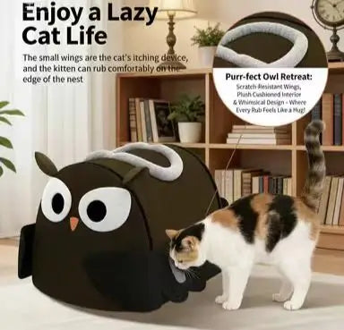 Owl-Shape Cat Cave with Scratcher: Brown, Itch-Relief Wings for Cats ，All-Season
