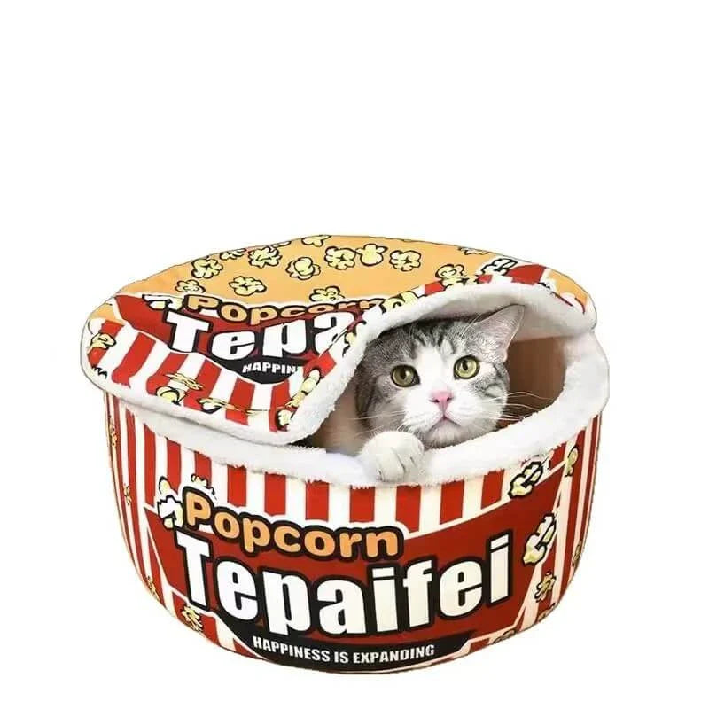 Warm Enclosed Pet Bed for Cats - Popcorn Design, Plush, Red Striped Rest Cave