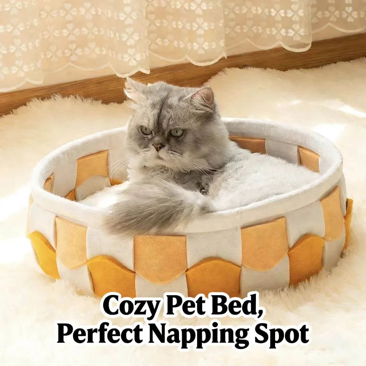 2-in-1 Cat Bed & Scratcher - Woven Checkered Design, Removable Mat