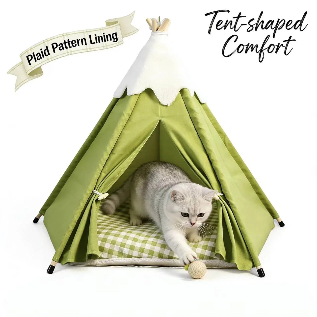 Soft Cat Teepee Tent - Canvas Material, Green, Gingham Cushion for Cozy Rest