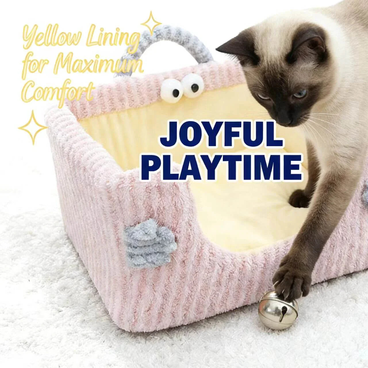 Soft Cat Bed - Monster-Shaped, Striped Plush Fabric, Pink, Portable Handle for Cozy Rest