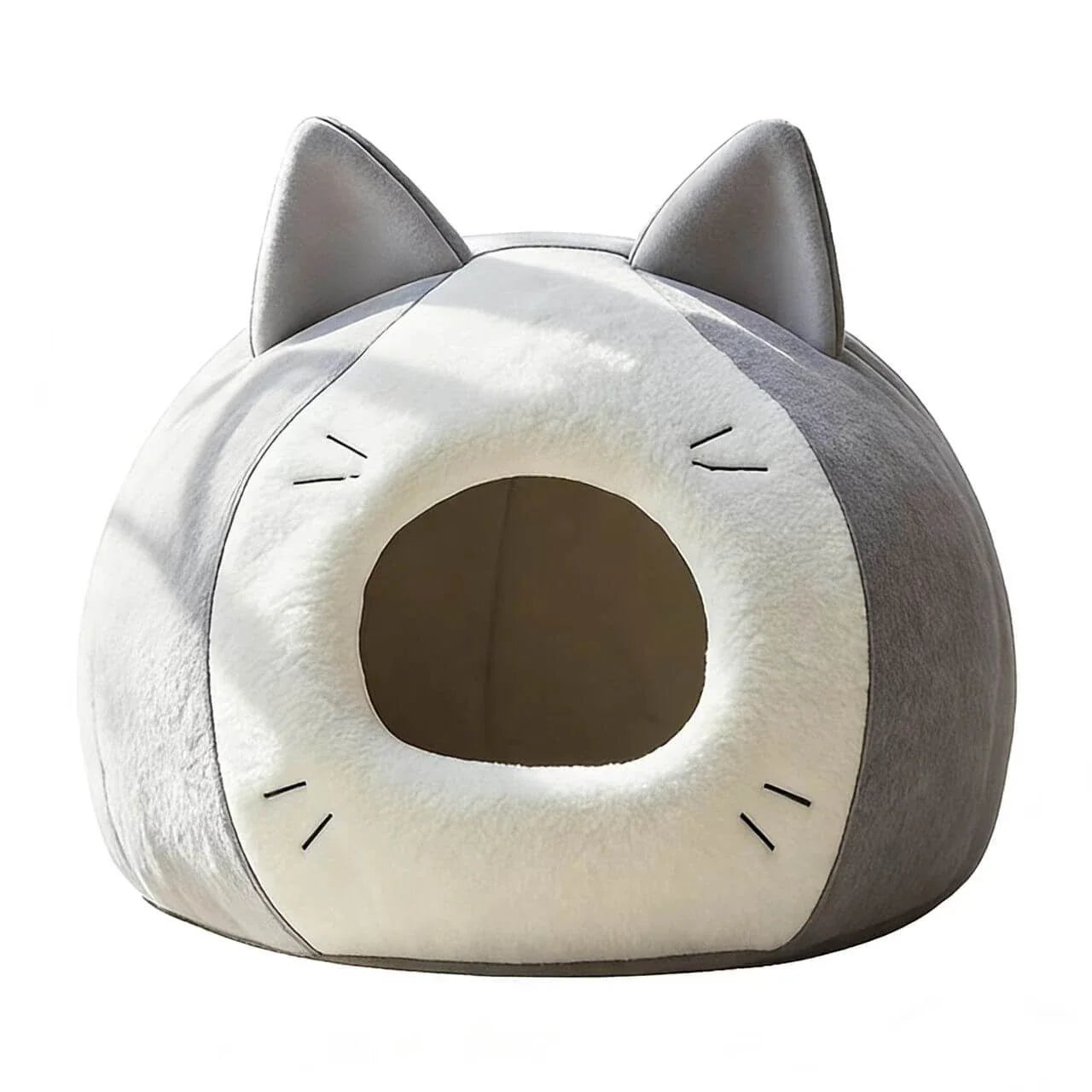 Warm Enclosed Pet Bed for Cats - Cat Face Shape, Soft Plush, Grey/White Rest Cave