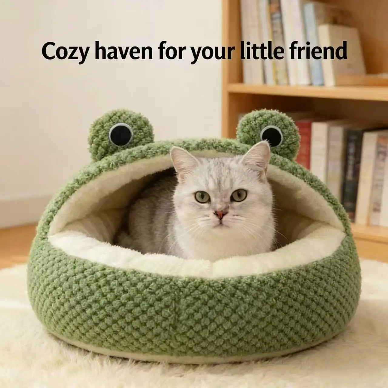 Warm Cuddler Pet Bed: Frog Design, Plush Lined (Green-White, Winter)