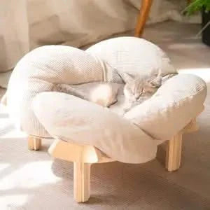 Elevated Wooden Cat Bed Sofa with Plush Cushion for Indoor Comfort