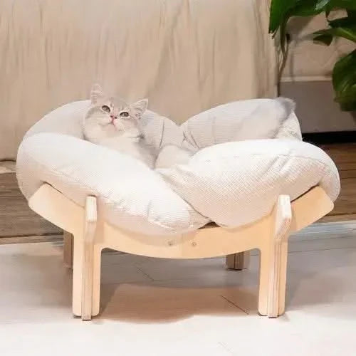 Elevated Wooden Cat Bed Sofa with Plush Cushion for Indoor Comfort